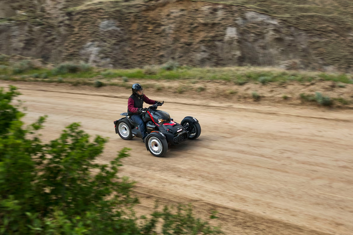 A motorcycle rider on a Can-Am Ryker in Modesto, CA.