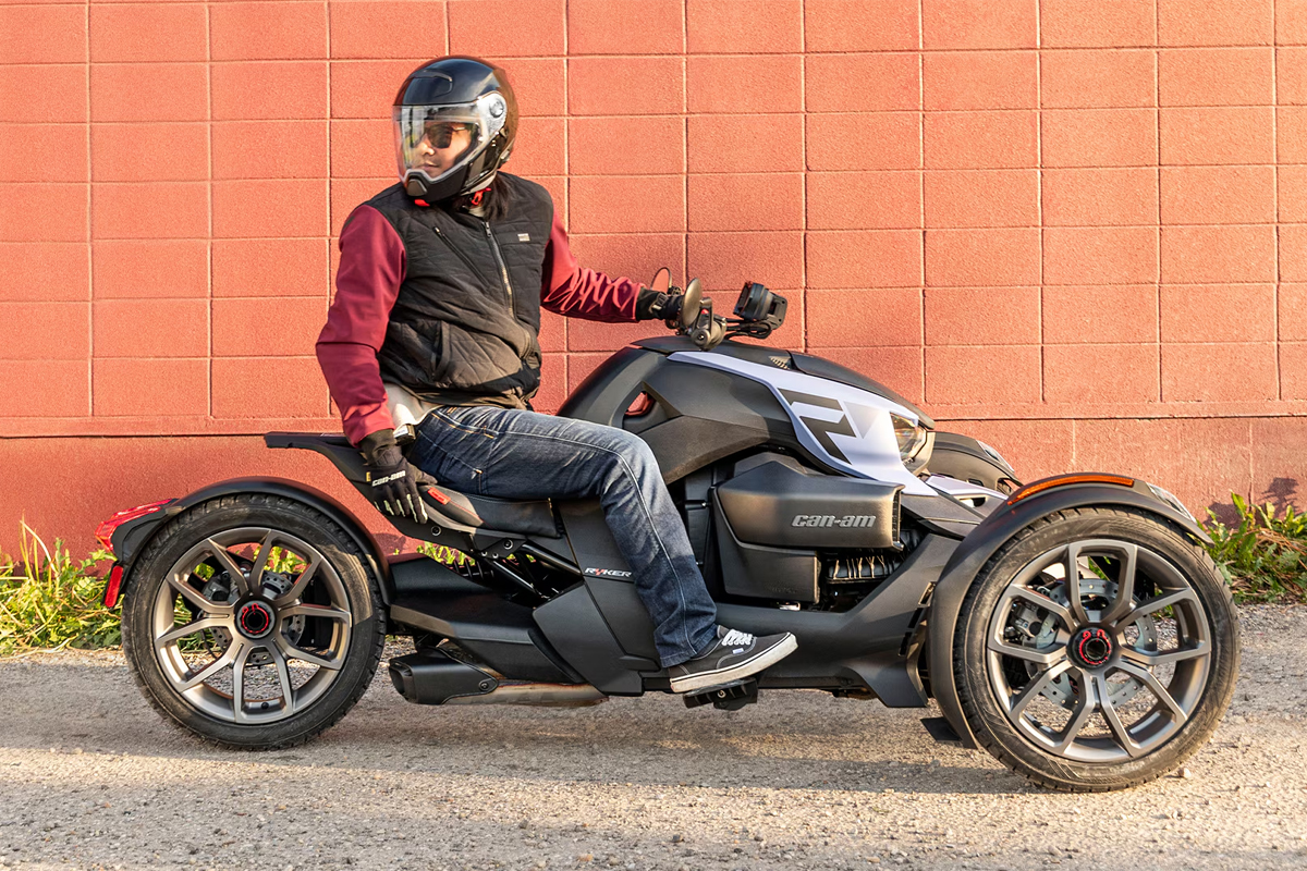 A motorcycle rider on a Can-Am Ryker in Modesto, CA.